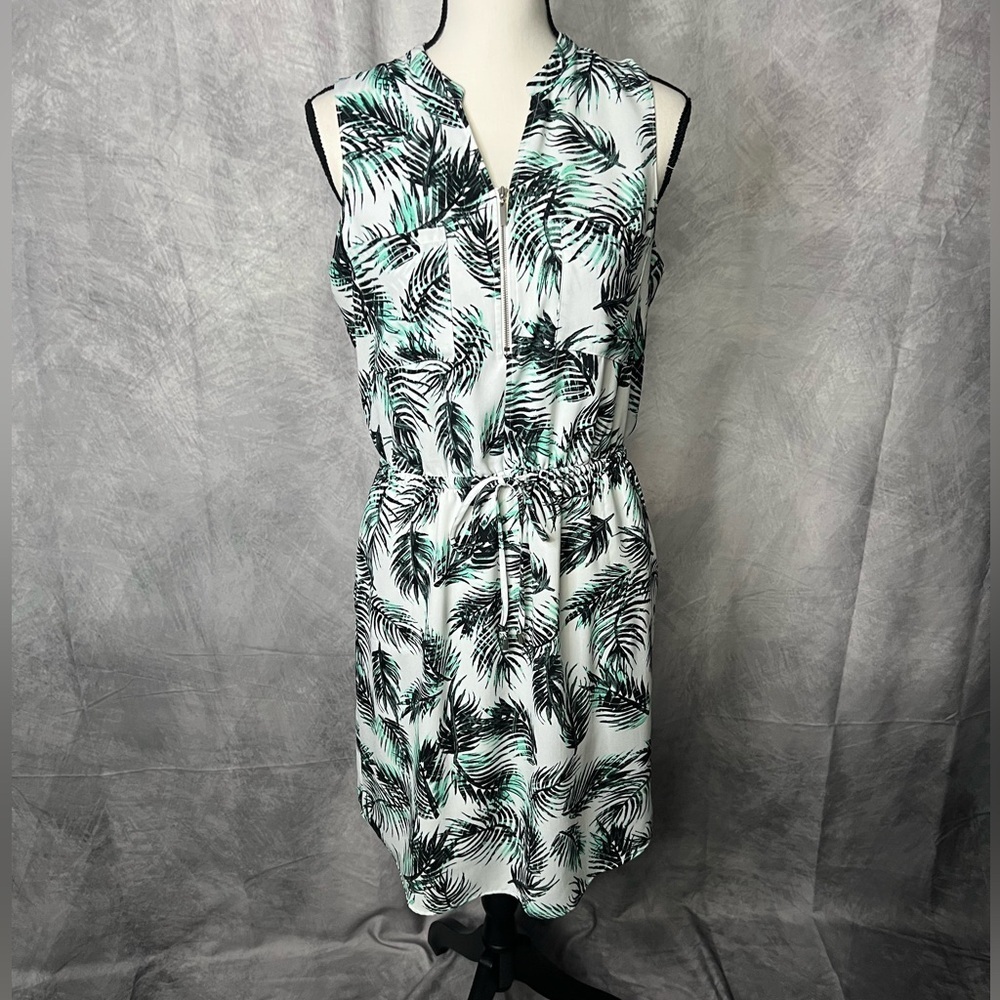 Apt. 9 Green & Black Palm Print Mini Dress with Pockets & A Drawstring Waist MED